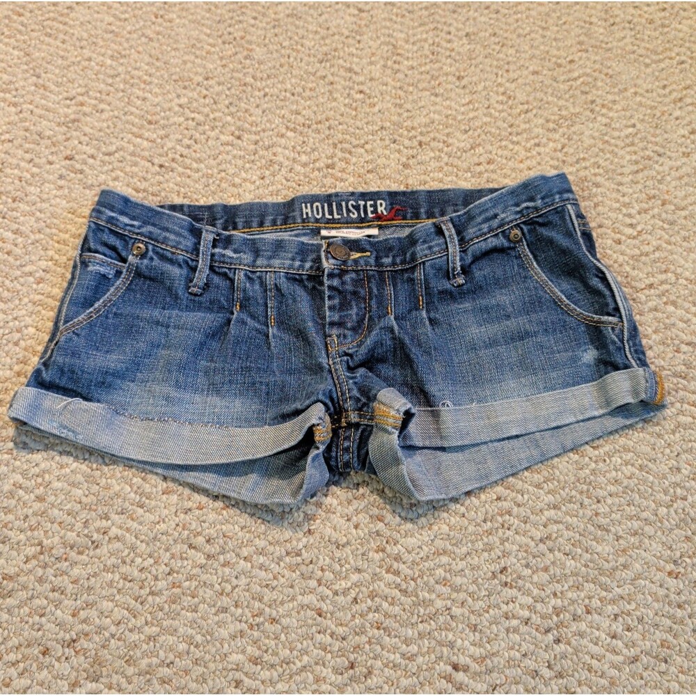 Hollister Ultra Low Rise Micro Mini Denim Shorts 0 Blue Y2K Pleated Cotton